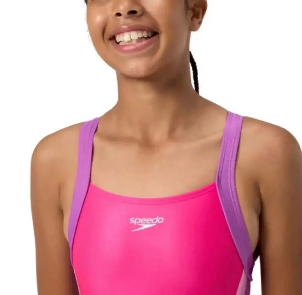 Speedo Girls Youth XL Pink Purple Infinity Splice 1 Piece Swimsuit UPF 50+